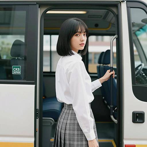 Asian Woman Standing in Bus Doorway