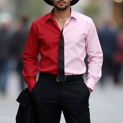 Photograph of a man with a trimmed beard, wearing a red and white dress shirt, black tie, black pants, and hat, standing outdoors with