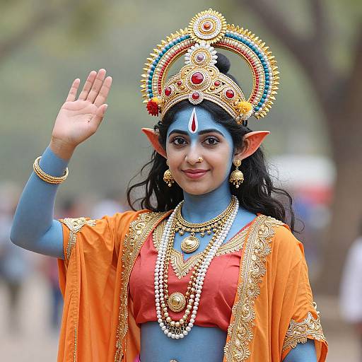 Photograph of a woman with blue skin, black hair, wearing a golden headdress, orange and red traditional attire, and gold jewelry, waving in