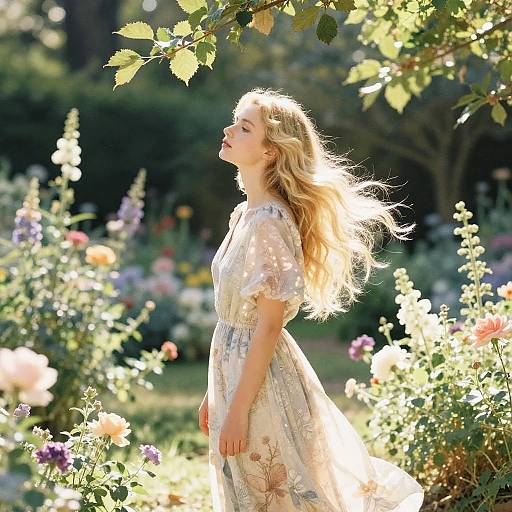 Photograph of a blonde woman with wavy hair, wearing a light, floral dress, standing in a sunlit, blooming garden, eyes closed
