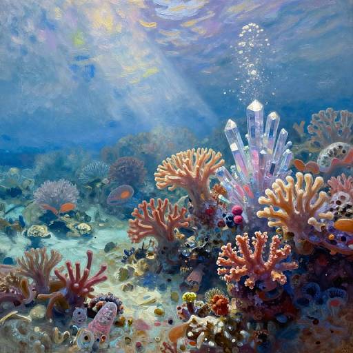 Vibrant underwater photograph of coral reef with glowing crystal-like structures, sunlight filtering through, colorful corals, and small fish swimming.