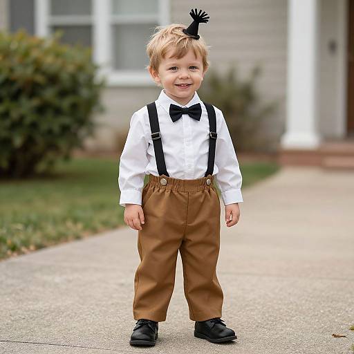 Photograph of a smiling blond toddler in white shirt, brown suspenders, bow tie, brown pants, black shoes, with a black bird accessory on