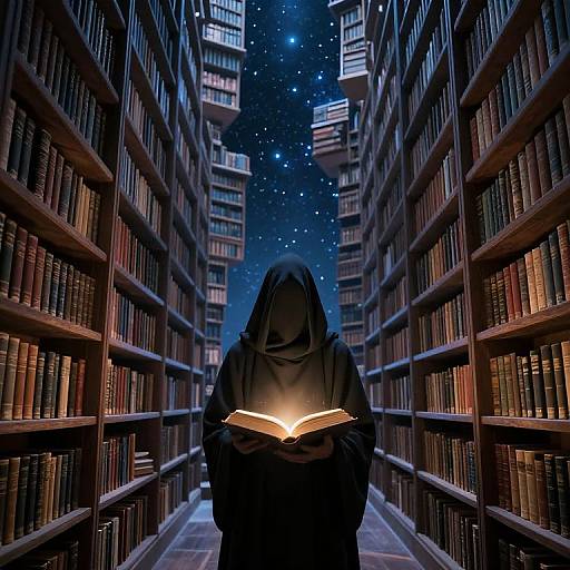 Mysterious figure in hooded cloak reads glowing book in starry, library aisle with towering bookshelves on both sides.