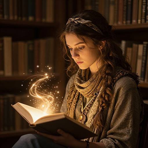 Photograph of a young woman with braided brown hair, wearing a headband and scarf, reading an enchanted book with glowing, magical sparks in a