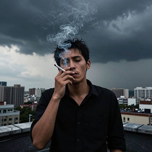 Photograph of a young man with short black hair, smoking a cigarette, against a stormy sky and urban cityscape background.