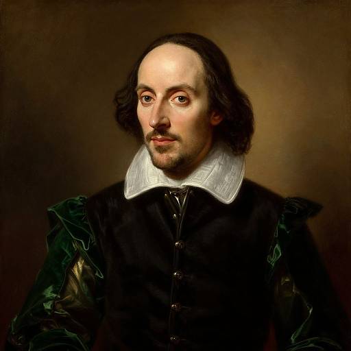 Photorealistic painting of a balding, mustached man with dark hair, wearing a black, ruffled Renaissance-style shirt with a large white collar