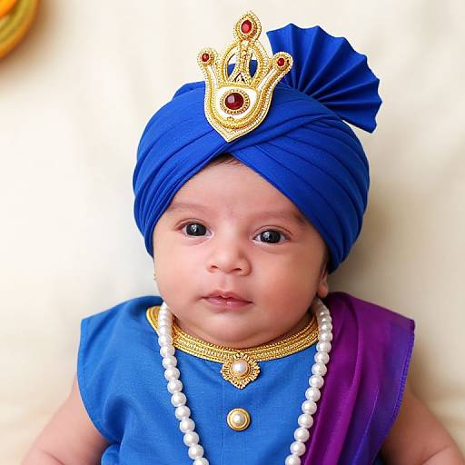 Photograph of an adorable baby with fair skin, wearing a royal blue turban adorned with a gold crown, a blue shirt, white bead necklace,