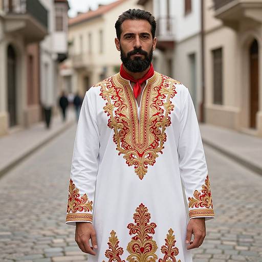 Photograph of a bearded man with a dark complexion wearing an ornate white traditional Turkish shirt with red and gold embroidery, standing on a cobble
