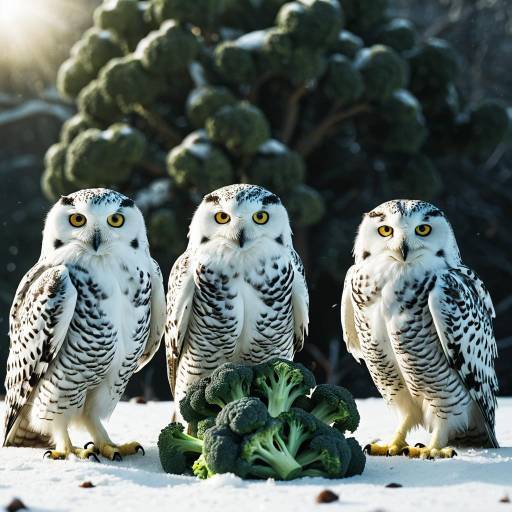 Three Snowy Owls with Broccoli in Snow