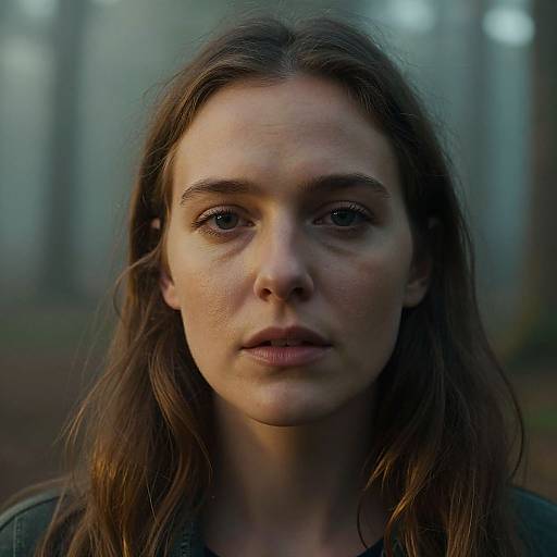 Close-up photograph of a serious, young woman with fair skin, brown hair, and brown eyes, standing in a misty forest.