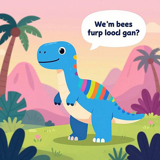 Colorful cartoon dinosaur with blue skin, rainbow stripes, and white belly stands in a vibrant, pink-hued jungle asking, 