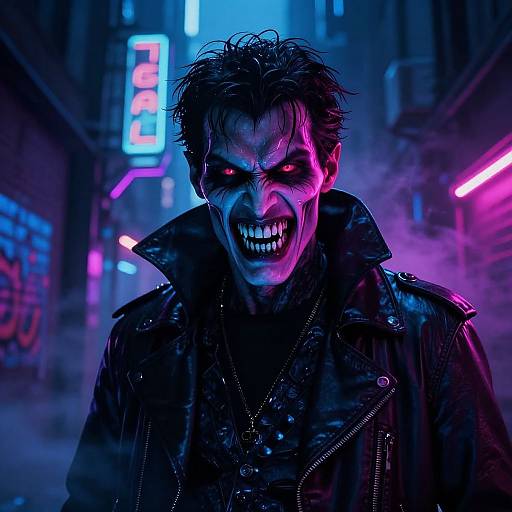 Neon-lit cyberpunk street scene, man with wild hair, glowing pink and blue eyes, sinister grin, black leather jacket, dark makeup,