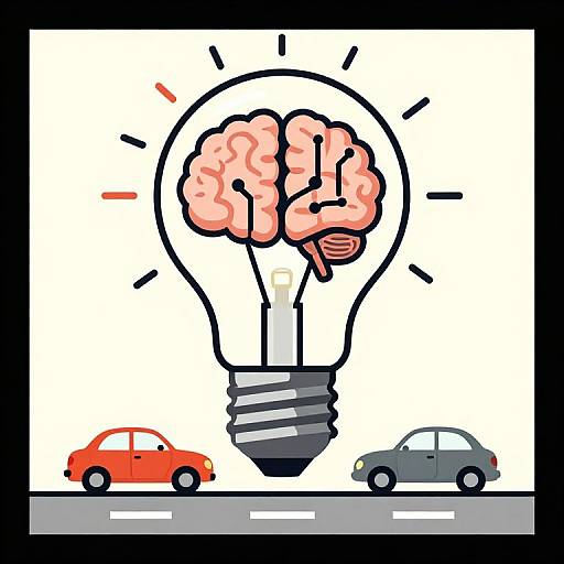 Digital drawing: A large light bulb with a brain inside, flanked by red and gray cars on a road. Bold, cartoon-style.