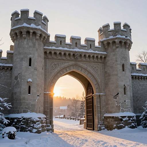 Photograph of a snow-covered, medieval stone castle gate archway at sunset, with sunlight streaming through, illuminating the pathway.