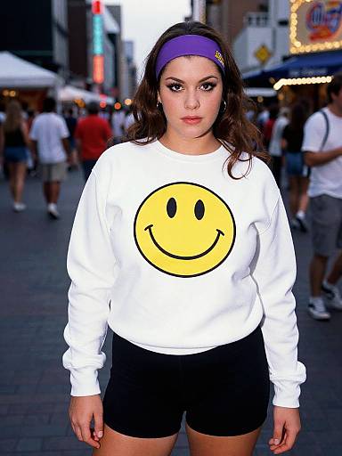 Photograph of a young woman with fair skin, brown hair, wearing a purple headband, white smiley shirt, black shorts, standing in a