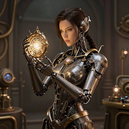 Digital CGI of a beautiful, dark-haired woman with a metallic, cybernetic body, holding a glowing, intricate device in a dimly lit,