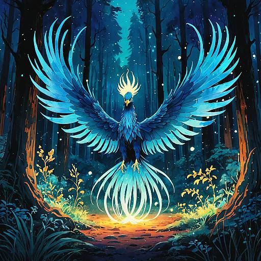 Ethereal Phoenix in Bioluminescent Forest