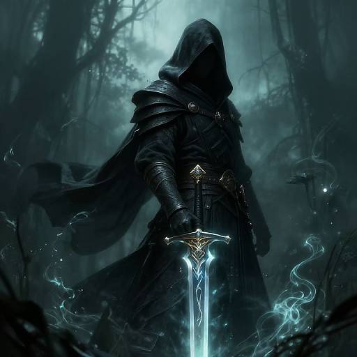 Dark hooded warrior in a misty forest, wielding a glowing blue sword with intricate design, surrounded by ethereal blue smoke. Digital fantasy art.