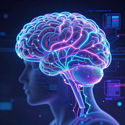 Digital illustration of a glowing, neon-blue and purple human head with detailed brain wiring, set against a dark, tech-themed background with circuit patterns.