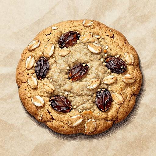 Photograph of a round, golden-brown cookie with scattered dark raisins and white almonds on a textured, beige background.