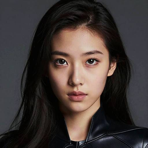 Photograph of an East Asian woman with long black hair, fair skin, and large dark eyes, wearing a black leather jacket, against a dark gray