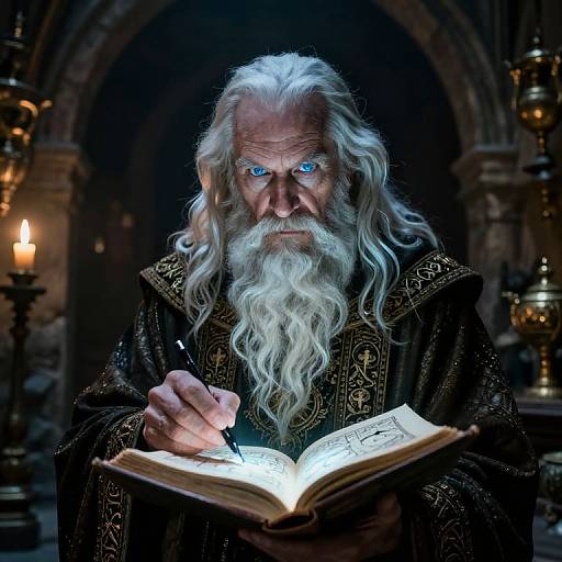 Photograph of an elderly wizard with long white beard, glowing blue eyes, and ornate black robe, writing in a glowing book in a dimly
