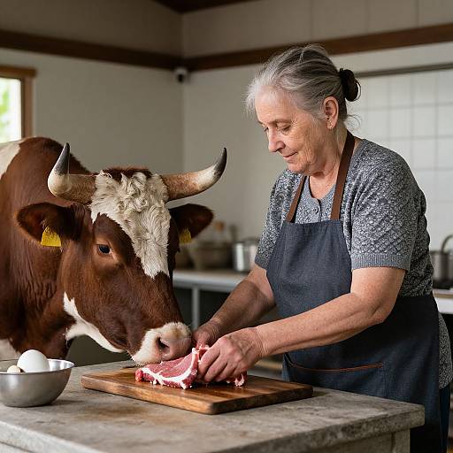 Photograph of an older woman with gray hair, wearing a blue patterned shirt and black apron, slicing meat on a wooden board in front of