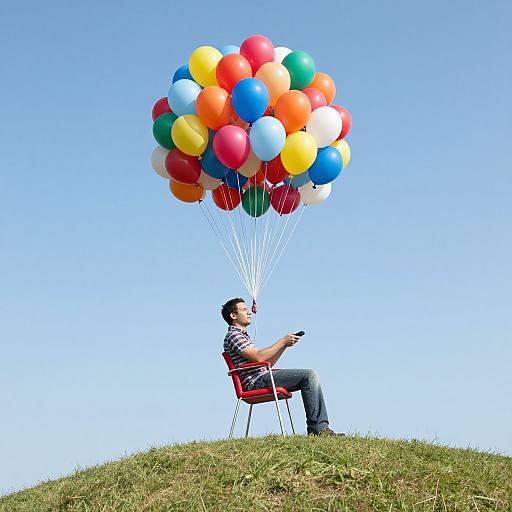 Photograph of a man in a black-and-white striped shirt, sitting on a red chair on a grassy hill, flying a colorful balloon cluster against
