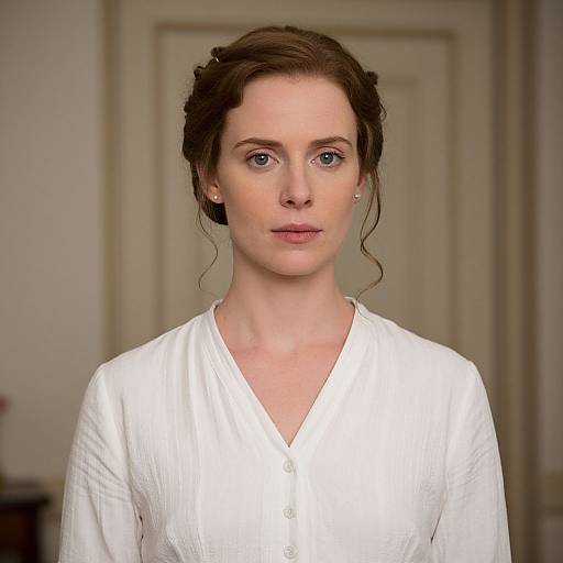 Photograph of a fair-skinned, blue-eyed woman with brown hair in a loose updo, wearing a white, long-sleeved V-neck