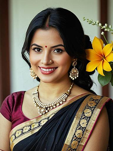 Indian Woman in Black Silk Saree with Jewelry
