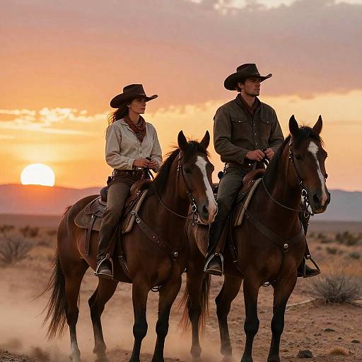 Photograph of a cowboy couple in Western attire riding horses at sunset in a desert landscape, with orange and pink sky.