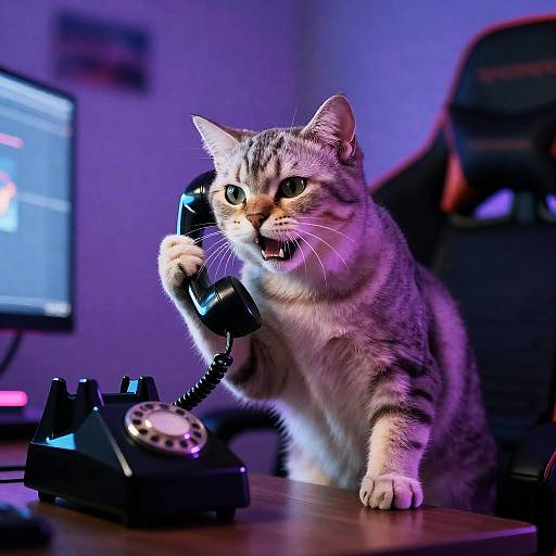 Dutch-Angle Angry Cat at Neon Gamer Desk