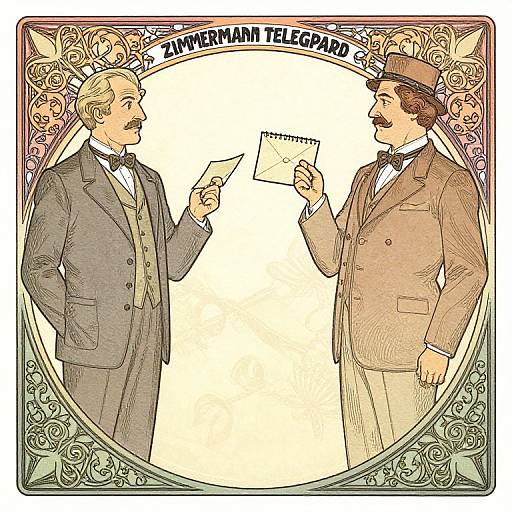 Illustration of two Victorian men in suits and hats, exchanging papers, within an ornate, vintage-style border. 