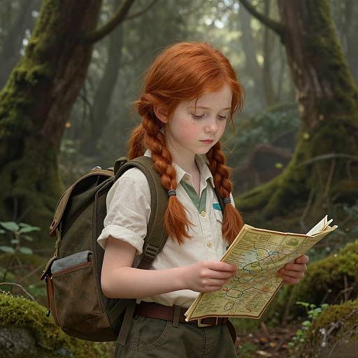 Red-Haired Explorer Girl in Forest