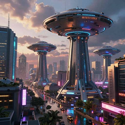 Digital artwork of a futuristic cityscape at sunset, featuring towering, dome-topped skyscrapers with neon lights, surrounded by high-rise buildings and palm
