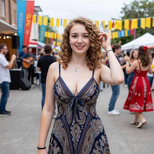 Photograph of a smiling young woman with curly brown hair in a patterned blue dress, standing in a lively outdoor festival with colorful banners and people in