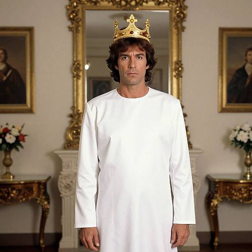 Photograph of a man with wavy brown hair, wearing a white robe and gold crown, standing in an elegant room with ornate mirrors, framed