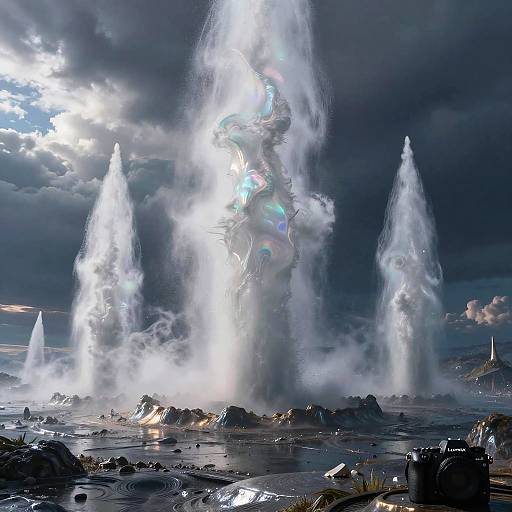 Otherworldly Geysers with Iridescent Clouds