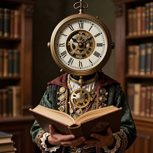 Photograph of a person wearing an antique clock as a head, holding an open book in a dimly lit library. Clock face with Roman numerals