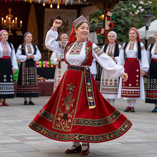 Photograph of a smiling woman in traditional Eastern European folk costume, red dress with gold embroidery, white blouse, dancing outdoors.