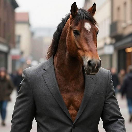 Photograph of a brown horse wearing a grey suit, standing in a blurred city street with people in the background.