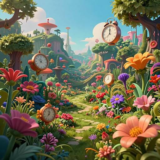 Vibrant, whimsical digital painting of a colorful garden path lined with oversized clock faces and diverse, blooming flowers under a bright blue sky.