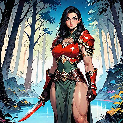 Digital comic-style illustration of a muscular, dark-haired woman in red armor and green loincloth, holding a glowing red sword, standing in a mystical