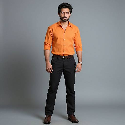 Photograph of a bearded man with dark hair, wearing an orange button-up shirt, black pants, brown belt, brown shoes, and a watch