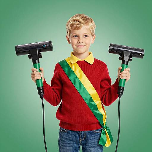 Boy Holding Two Handheld Vacuum Cleaners