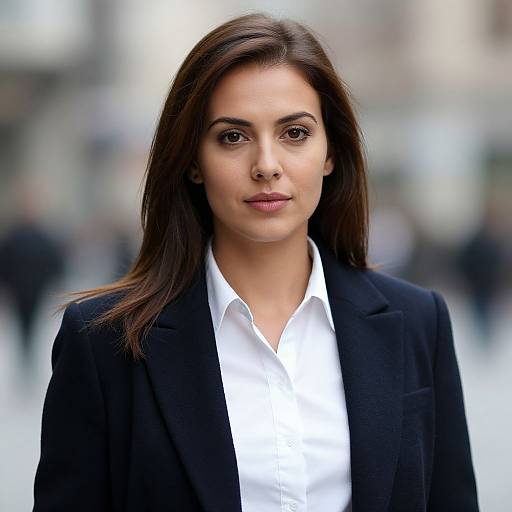 Photograph of a serious-looking woman with straight brown hair, wearing a black blazer over a white shirt, standing in a blurred urban background.
