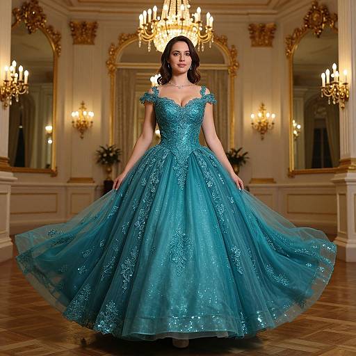 Photograph of a woman with wavy brown hair in an ornate, turquoise ball gown with sparkling embroidery, standing in a grand, chandelier-l