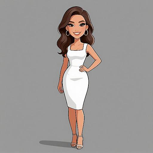 Digital cartoon of a smiling woman with long brown hair, wearing a white sleeveless dress, silver hoop earrings, and white heels, standing against a gray