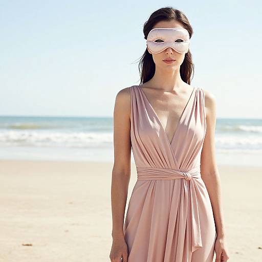 Photograph of a slender, dark-haired woman wearing a pink, V-neck, sleeveless dress and a white blindfold, standing on a bright,