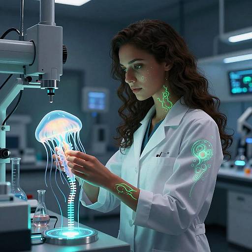 Futuristic Biophysicist in High-Tech Lab